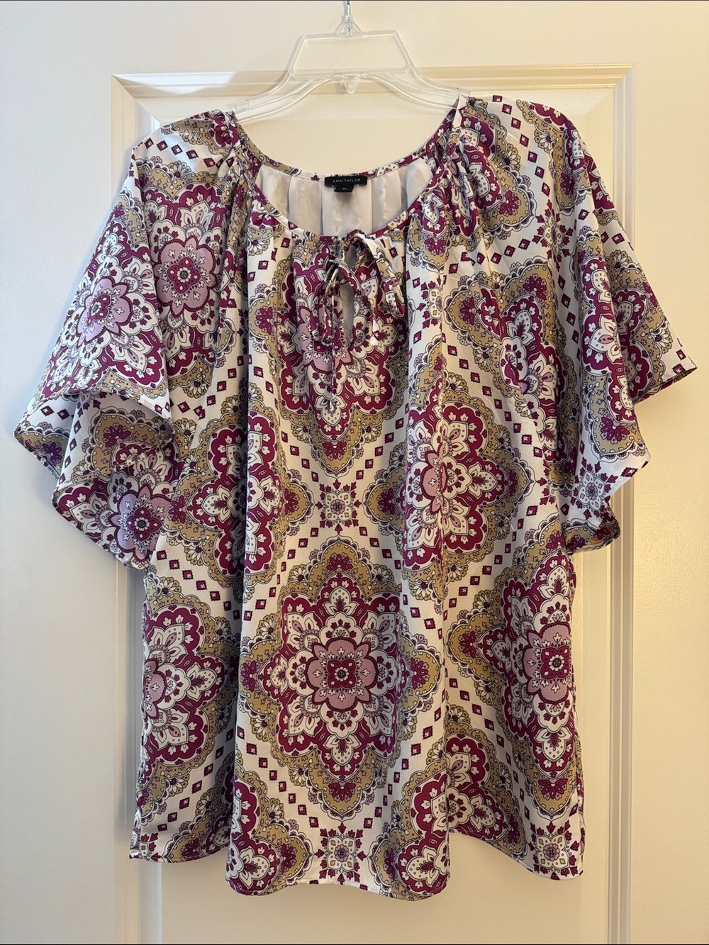 Ann Taylor Cream Blouse with Burgundy and Gold Medallion Print